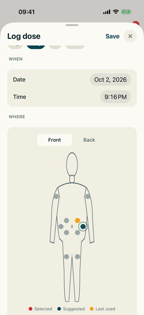 The injection site picker: a front body map with site markers and a suggested next site, abdomen upper left.