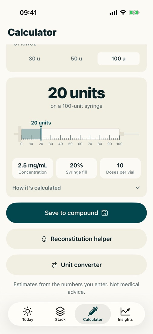 The calculator: a syringe drawn on screen with unit markings, concentration in mg/mL, syringe fill and doses per vial, plus the reconstitution helper and unit converter.