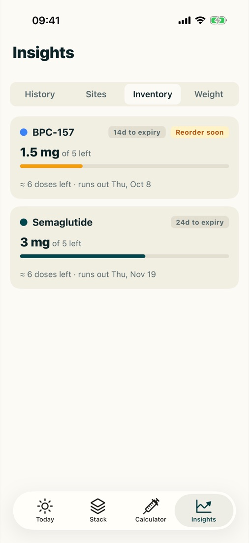 The inventory screen: a vial with the amount remaining out of 5 mg, days to expiry and a reorder soon badge.