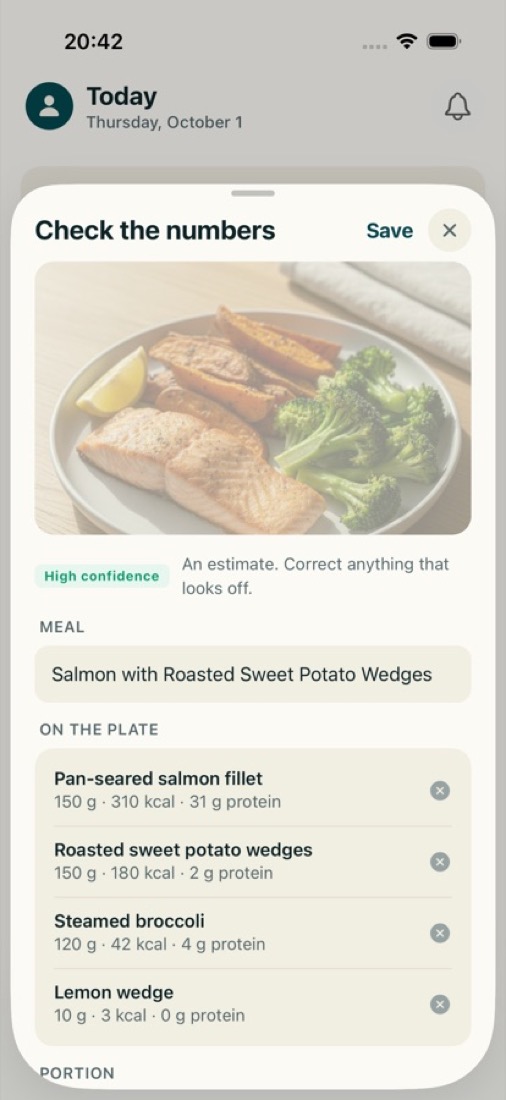 The meal review sheet: a photo of salmon, sweet potato and broccoli with an estimate for each item to check and correct before saving.